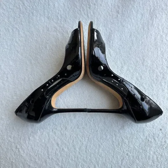 Jimmy Choo London Black Women's 36.5 US 6.5 Patent Leather Dorsay Pumps Peep Toe - Picture 4 of 9